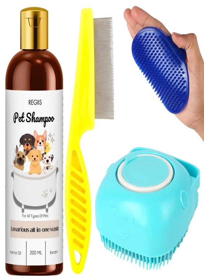 REGIIS Regis Pet Shampoo Set with Grooming Brush, Flea Comb, Silicone Scrubber, Dog Wash Kit, 200 ML, Luxurious All-in-One Formula with Kernal Oil and Keratin(4 Pack) - Image 1